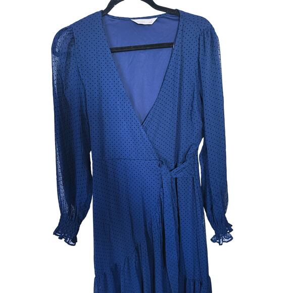 LC Lauren Conrad Long Wrap Flocked Maxi Dress S Polka Dot Blue Academia Twee - Picture 3 of 9